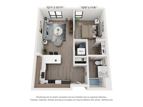 Floor plan for 1 bed, 1 bath, 612 sqft